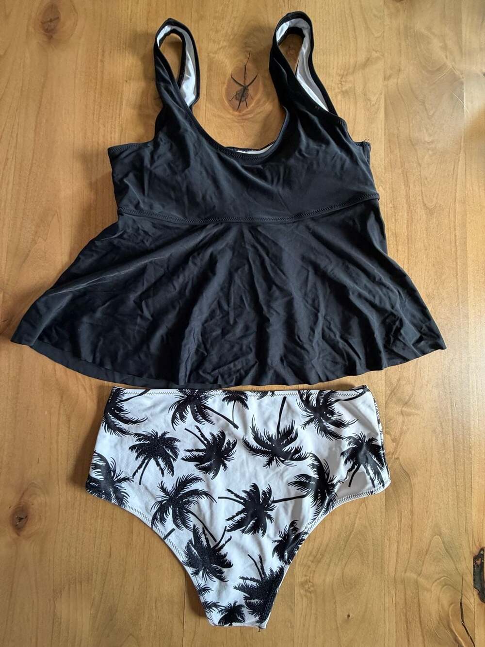 Beachsissi Tankini Black Ruffle Hem Top and Palm Tree High Waist Bottom